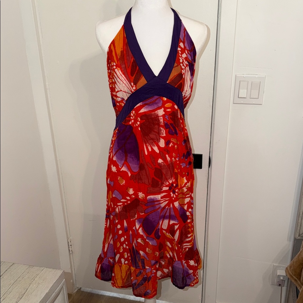 Halter Floral-Print Red and Purple Summer Dress